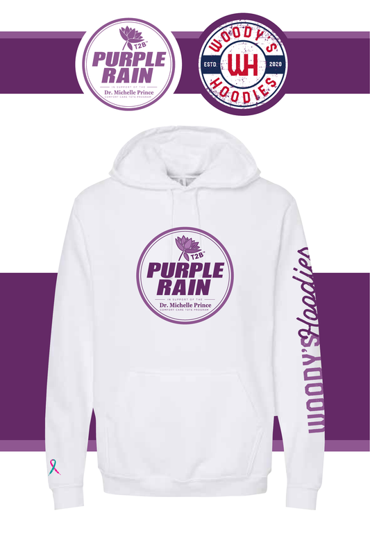 White Hoodie with Purple Rain Logo Chest / Woody's Hoodies Sleeve