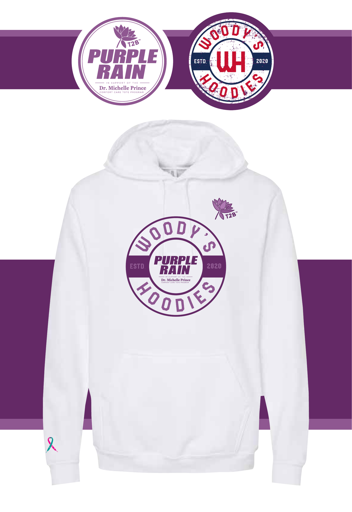 White Hoodie with embedded Purple Rain Logo